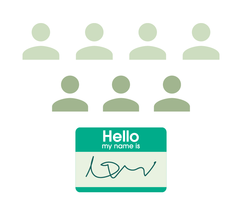 Seven user icons above a 'Hello my name is' tag with a handwritten name