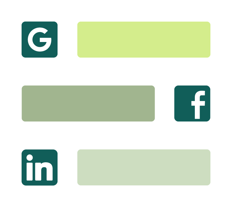 Illustration of colored text boxes and social media icons representing Google, Facebook, and LinkedIn