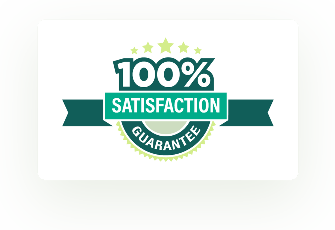 Green badge design showing '100% Satisfaction Guarantee' with stars and ribbon elements