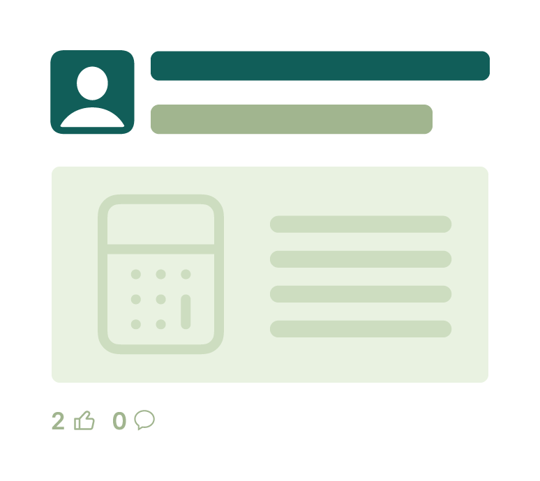 Social media post layout with user icon, content areas, calculator icon, and engagement metrics
